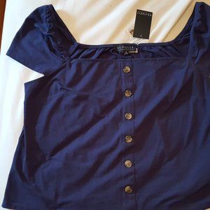 ELOQUII NAVY TOP WITH FRONT BUTTONS AND FLAIR SHORT SLEEVES